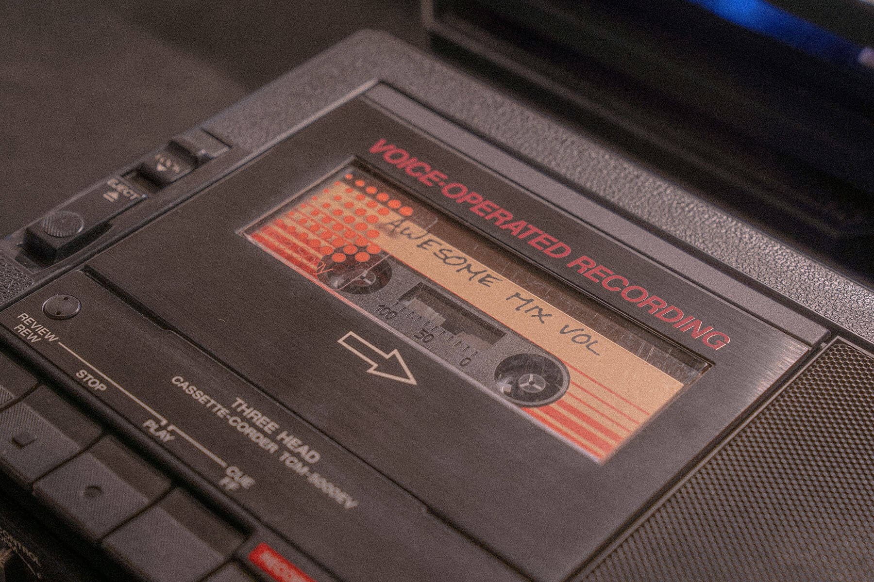 Close-up of an 80's cassette tape recorder